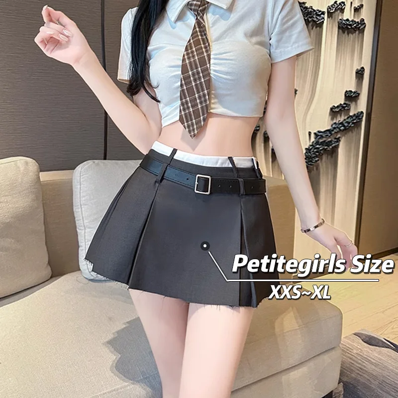 

150cm Petite girls Spicy Girls Pure Color High Waist A-line Skirt Design Sense Splicing Pleated Skirt Female XS Commuting