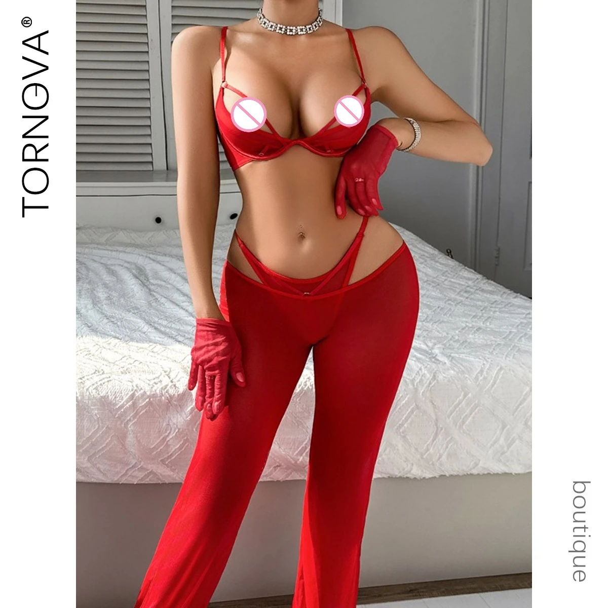 

Tornova, сексуальное нижнее белье для женщин, новинка 2025, повседневные сетчатые брюки, корректирующее фигуру, тонкое сексуальное женское белье, комплект с разрезом, перчатки, сексуальный костюм нижнего белья
