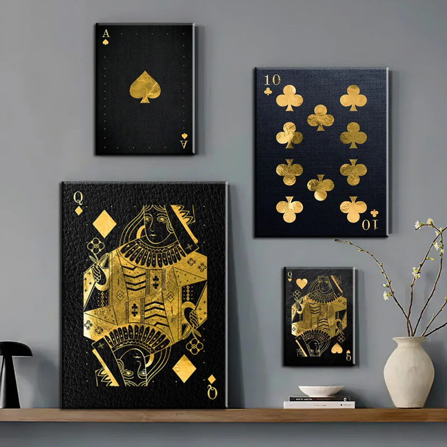Wall Art Canvas Golden Playing Cards Spades Ace Queen Nordic Posters Prints And Picture Painting Home Decoration Living Room Bar