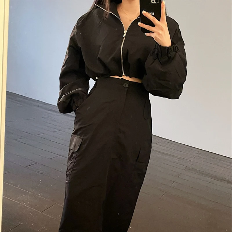 Conjunto de falda y chaqueta corta con cuello levdo para mujer, ropa de trabajo de cintura alta, estilo coreano, Vint...