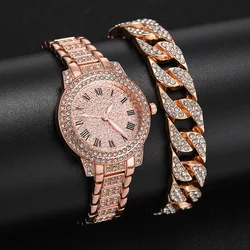 New Fashion Luxury Diamond Women Watches  Bracelet Set Cuban Stainless Steel Bracelet Ladies Wristwatches 2023 Jewelry Gifts