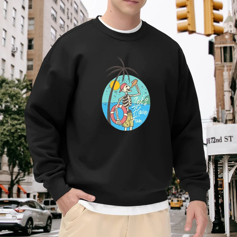 

Men's Black Crew Neck Loose Sweatshirt with Fun Skull Print, Casual Street Style Top, Comfortable and Versatile for Everyday Wear, Faux Two-Piece Design