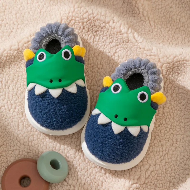 2024 Dinosaur Toddler Boys Girls Slippers Winter Cartoon Kids Floor Shoes Plush Warm Soft Sole Room Children Slippers