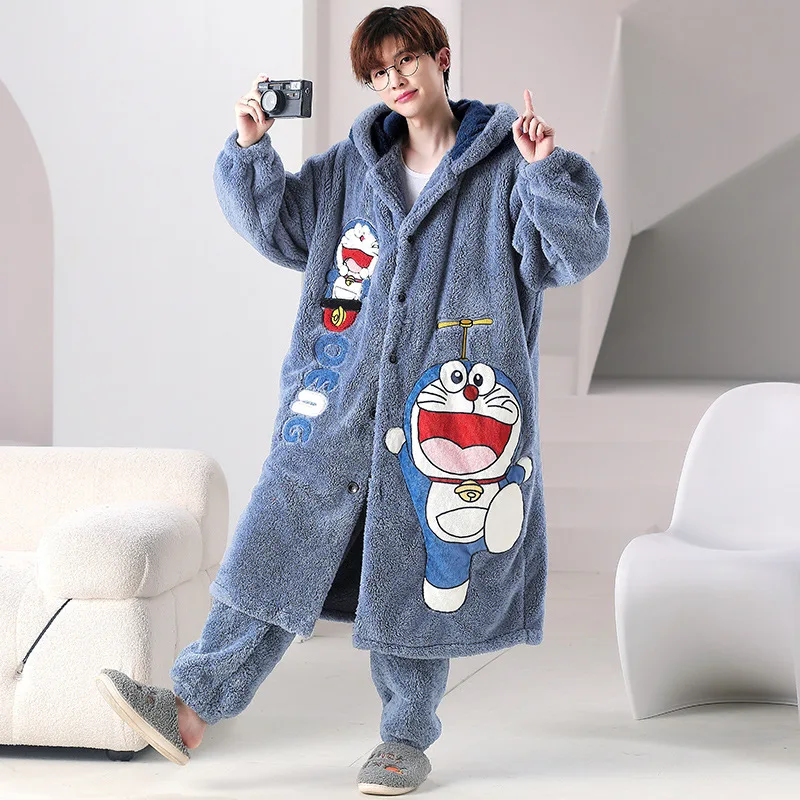 Winter Men\'s Coral Velvet Pajamas Set Thickened Long Sleeve Hooded Bathrobe Cartoon Cute Home Suit Warm Sleepwear Loungewear