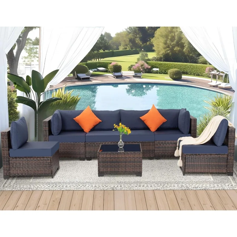 7Piece Outdoor Patio Furniture Set with Wicker Sectional Sofa and Modular Rattan Conversation Sets Including Cushions Couch Set