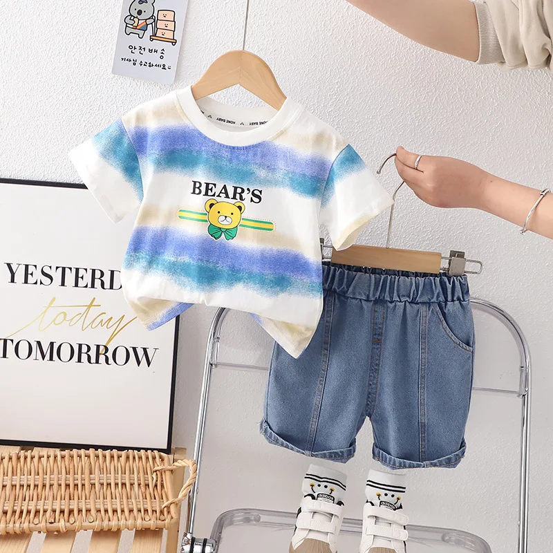 

Toddler Boys Outfits 2025 Summer Baby Boy Clothes 6 To 9 Months Striped Cartoon Short Sleeve T-shirts and Shorts Kids Suit Set