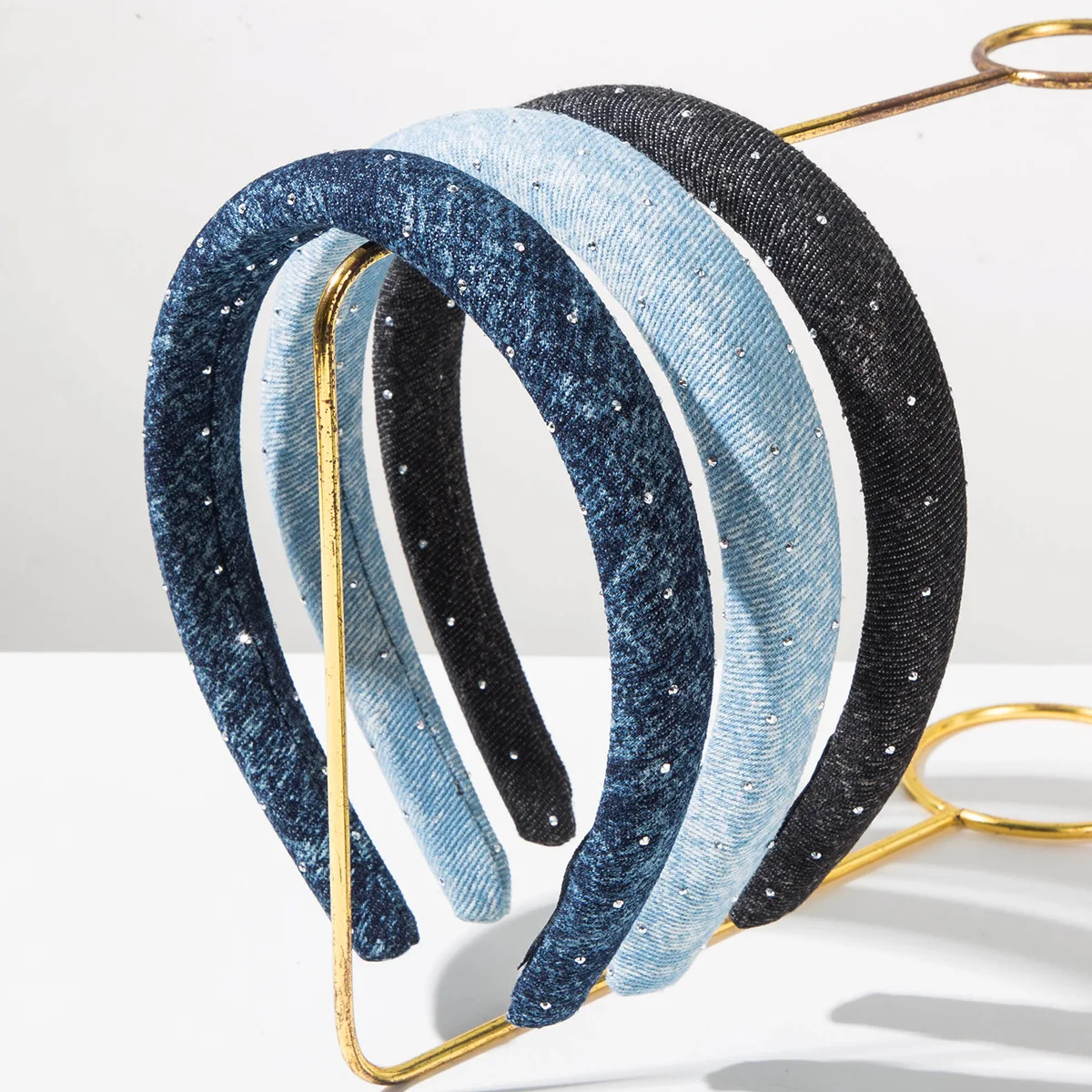 Denim Rhinestone Padded Headband For Women Vintage Washed Jean Fabric Hair Hoop Sparkly Crystal Hairband Daily Hair Accessories