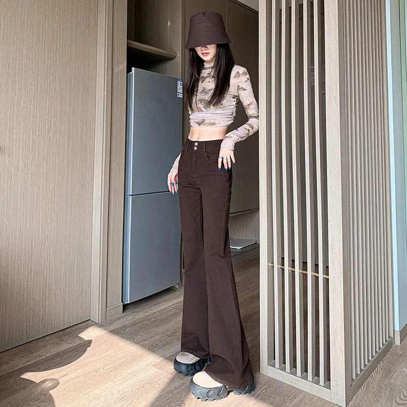 Winter Womens Coffee Jeans Fleece-lined Cotton Denim Flared Pants Elastic Force Vintage Streetwear High Waist Slim Mom Trousers