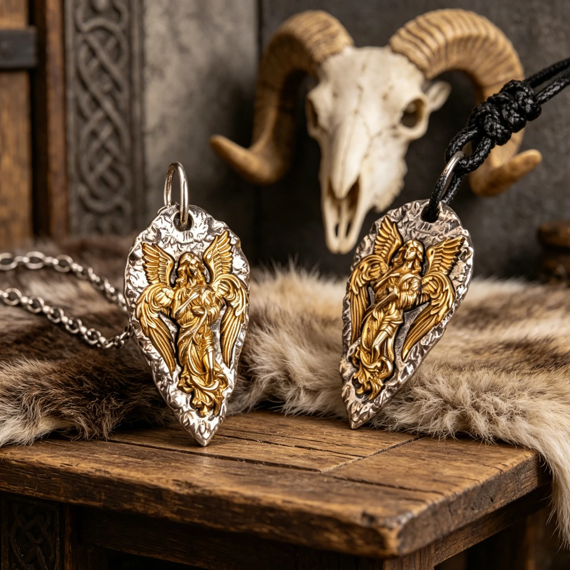 Men Vintage Guardian Angel Wing Pendant Necklace Two Tone Silver Copper Shield Tag Short Clavicle Chain Totem Protection Jewelry