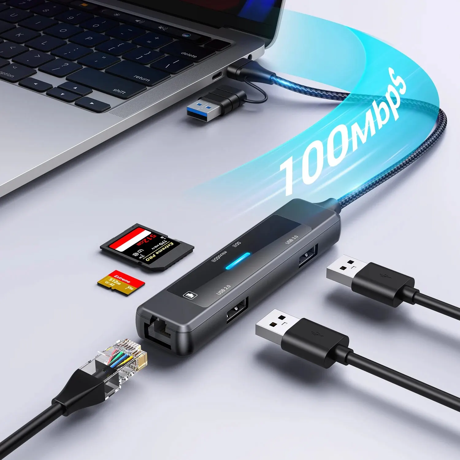 노트북 USB 허브 USB 분배기, 초슬림 데이터 고속 충전, C타입 충전기, 고속 데이터 블록, USB 익스텐션, 범용 5 포트