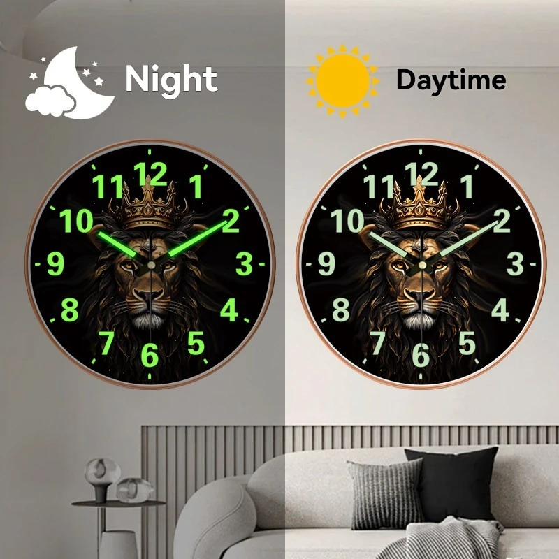 

1PC Luminous Silent Wall Clock Crown Lion King Animal Art Clock Luxury Decor For Living Room Bedroom Office Ideal Gift For Home
