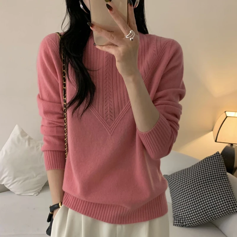 100% Merino Wool Women\'s Semi-Turtleneck Fashion Striped Jumper Solid Color Long Sleeve Top New Autumn/Winter 2024