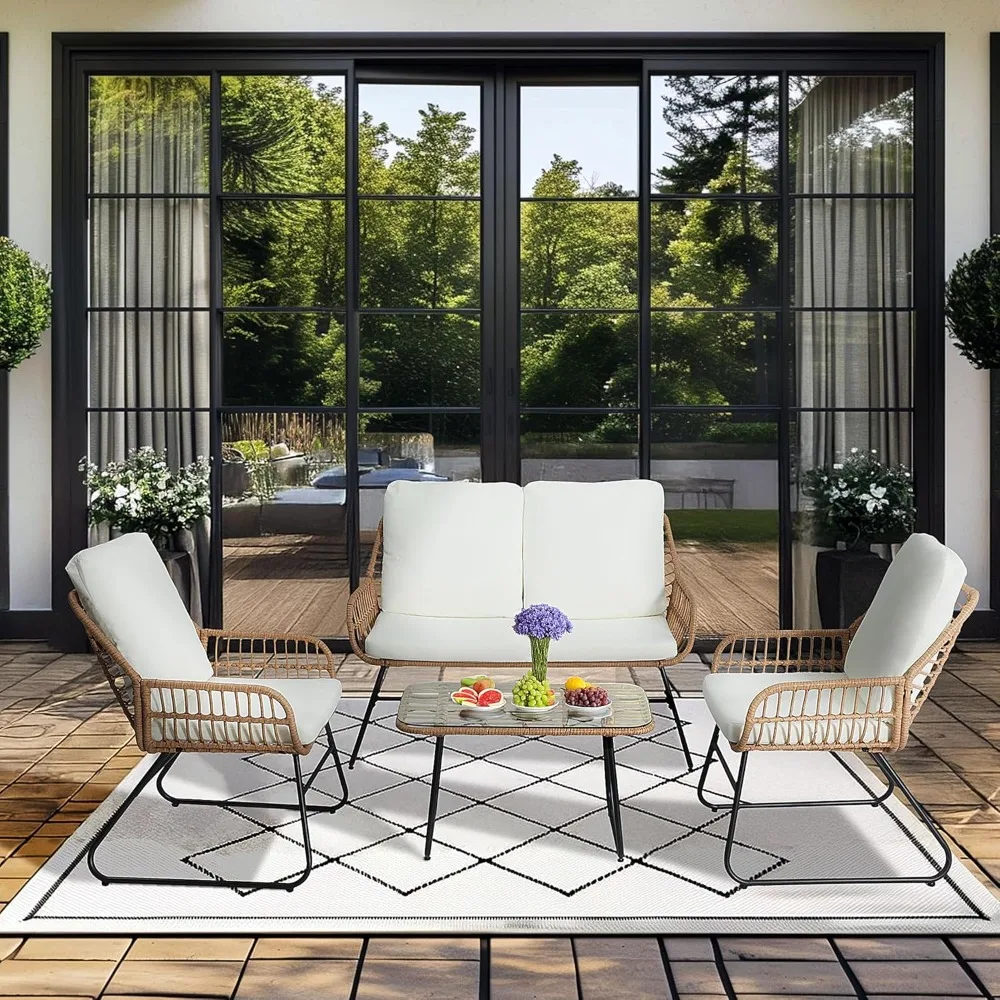 مجموعة أثاث الفناء الخارجي مكونة من 4 قطع، مجموعة محادثة للفناء، مجموعات بيسترو من الخيزران مع كراسي بمقعدين و