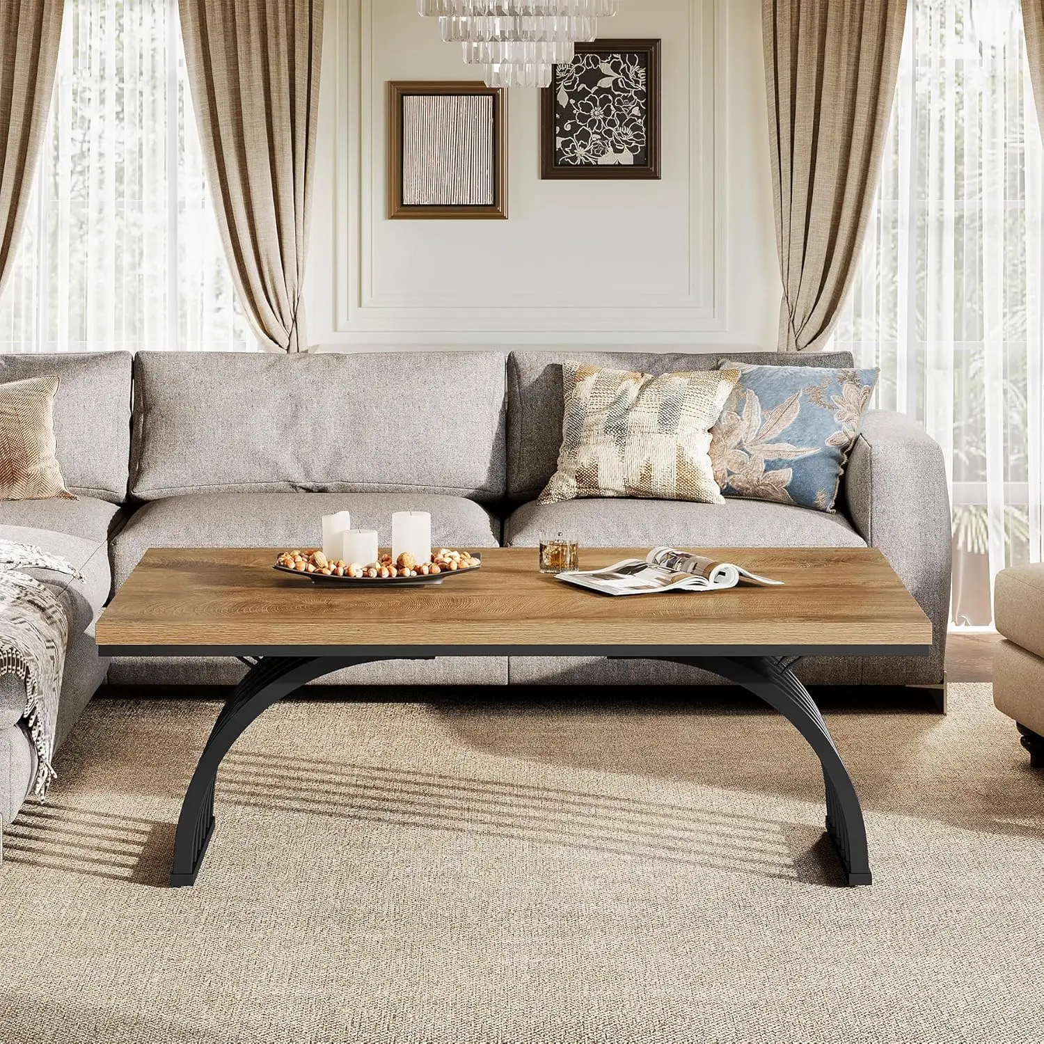 Wood Coffee Table, 47-Inch Rustic Rectangular Center Tea Table with Metal Frame Legs for Living Room, Sofa, Home, Easy Assembly,