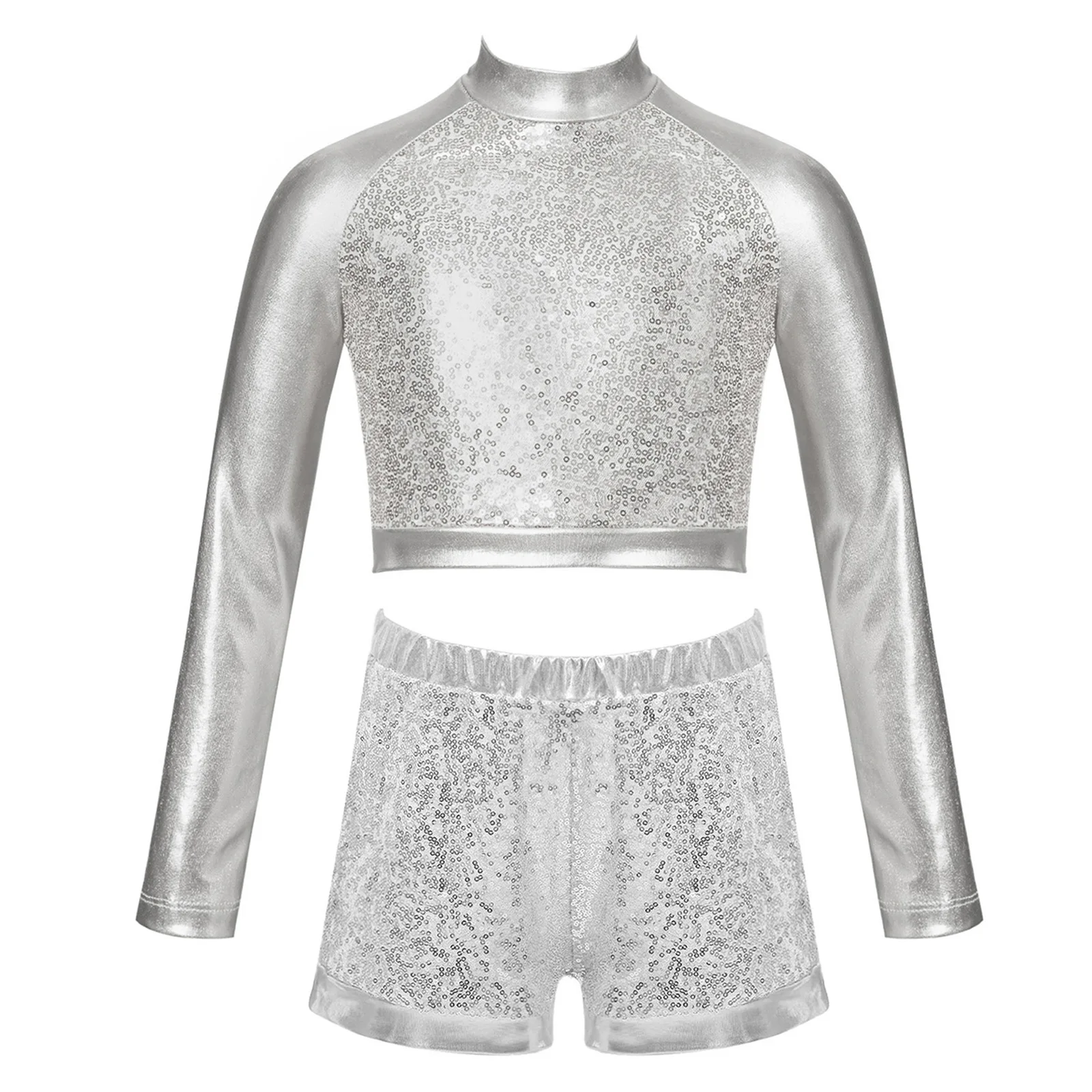 

2Pcs Kids Girls Jazz Hip-hop Dance Outfit Mock Neck Long Sleeve Front Shiny Sequin Metallic Crop Top with Shorts Set Streetwear