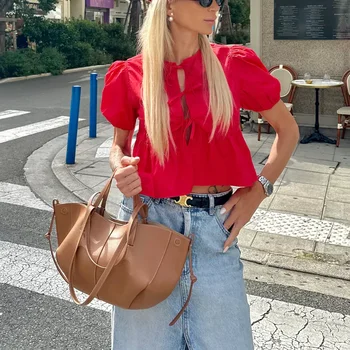 Combhasaki-Blusa de Peplum Kawaii para mujer, Tops de manga corta abullonada, cuello redondo, pajarita frontal, camisas acampanadas, Babydoll, elegante, Verano