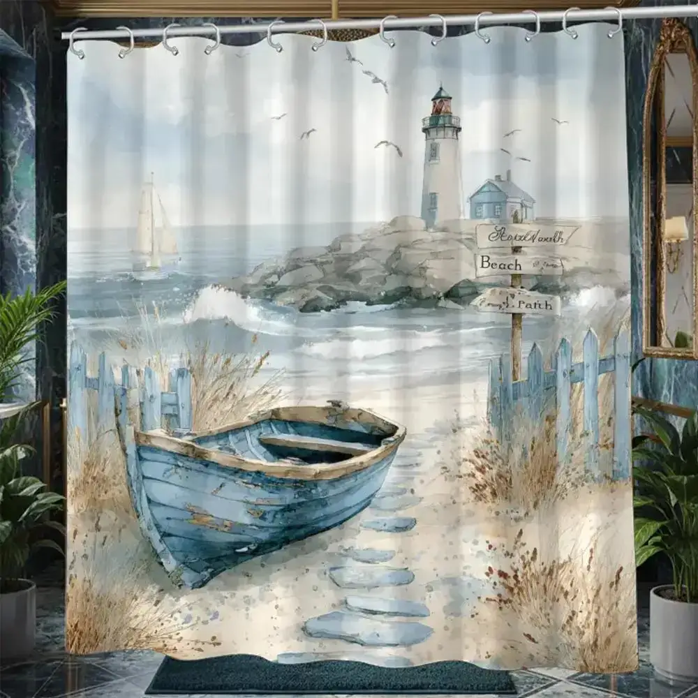 

Watercolor Boat and Lighthouse Shower Curtain Beach Path Ocean View Waterproof Bath Decor Rustic Coastal Bathroom Curtains