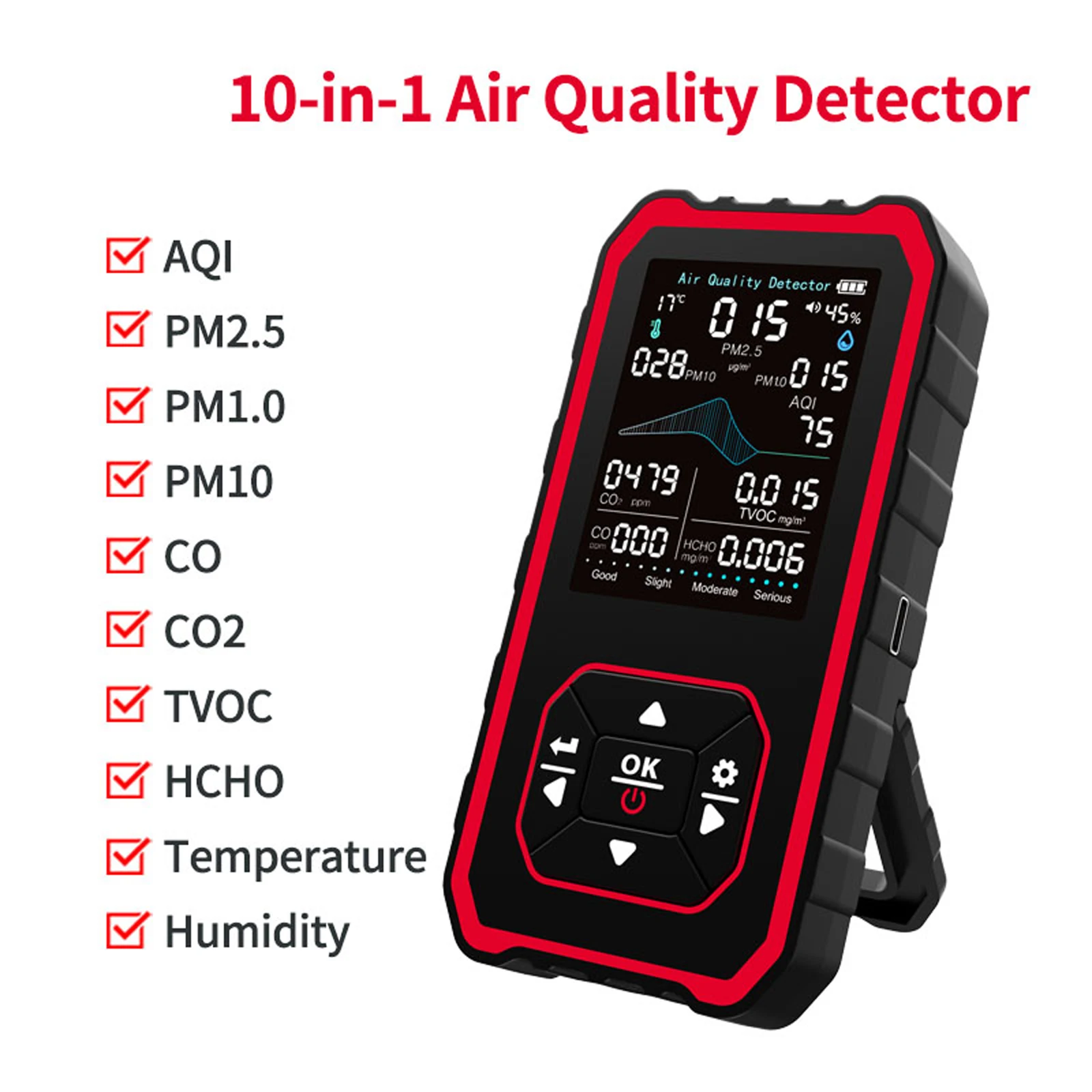 

10-in-1 Air Quality Monitor AQI CO2 CO PM2.5 PM1.0 PM10 TVOC HCHO Temperature Humidity Sensor with Alert Indoor Air Analyzer