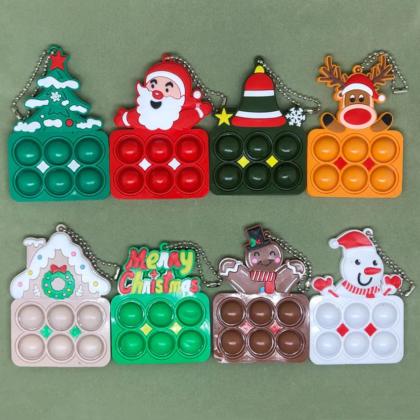 Stress Relief Toys Keychain for Kids Push Bubble Game Christmas Tree Santa Claus Snowman Deer Fingertip Plaything Keyring Gifts