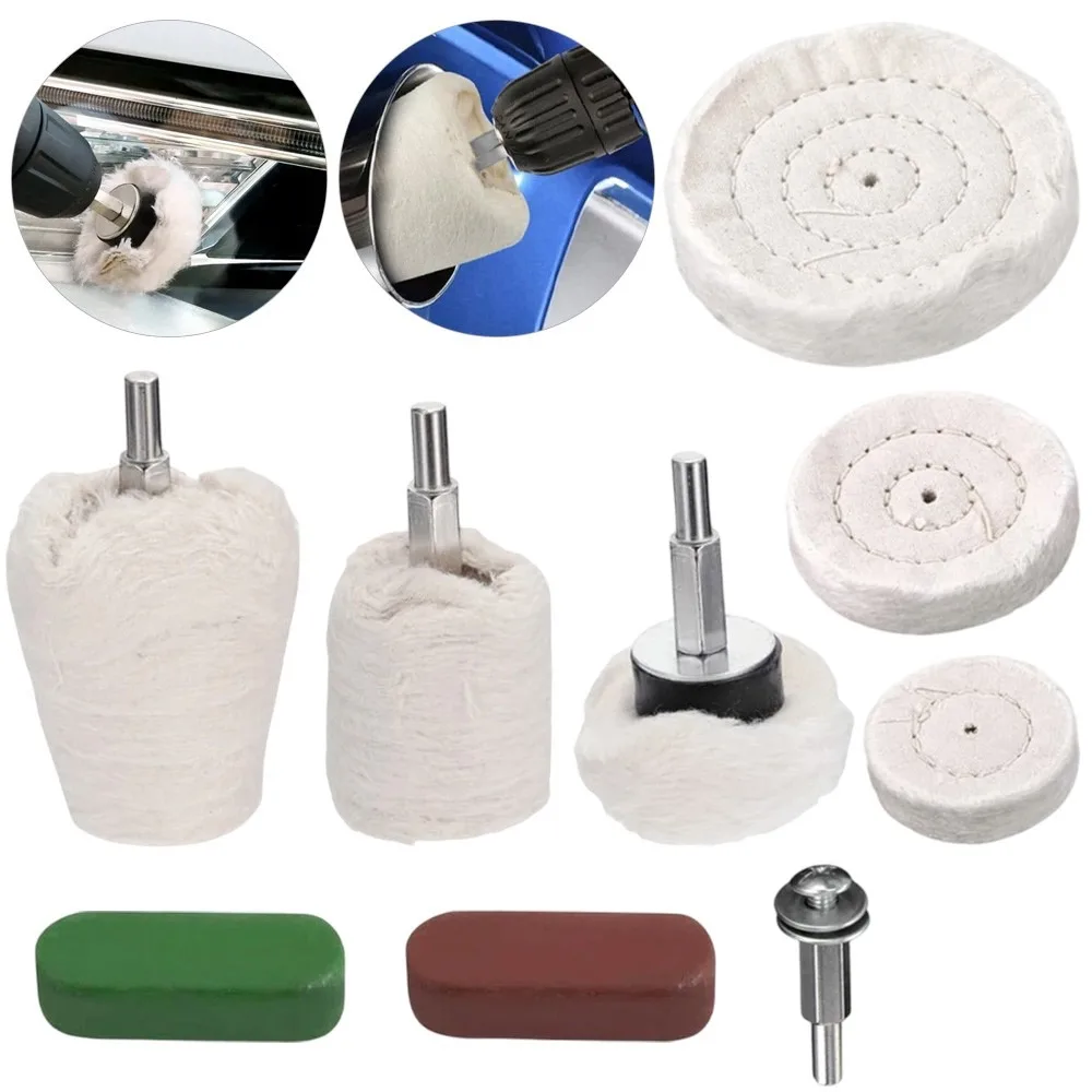 Handled Cotton Buffing Wheel Set Mirror Polishing Wheel for Acrylic 9Pcs Cloth Wheels with Red & Green Polishing Wax Bagged Pack