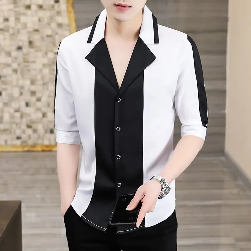 2025 Summer Men Shirt Five-quarter Sleeve Slim Suit Collar Versatile Casual and Fashionable Cardigan