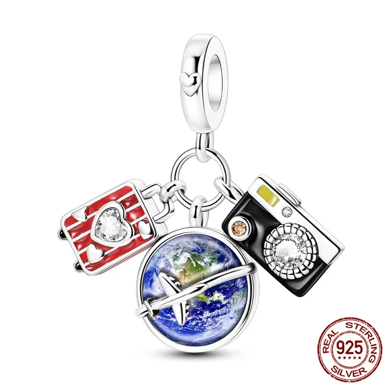 

100% 925 Pure Silver Luggage Globe Camera Charms Fit For Original 925 Bracelet DIY Jewelry Making Women Beautiful Jewelry Gift