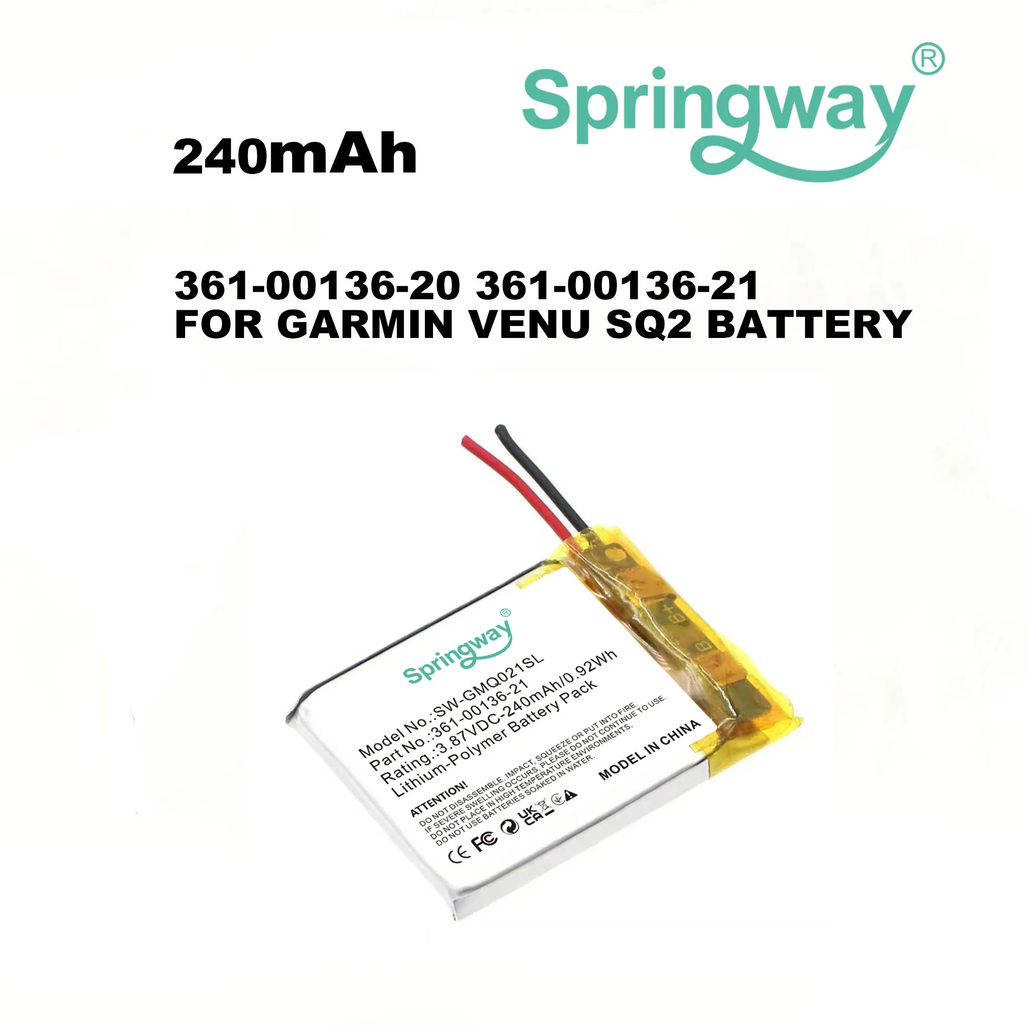 SPRINGWAY High Quality Replacement Battery For Garmin Venu SQ2 361-00136-20 361-00136-21 Rechargeable Batteries 240mAh