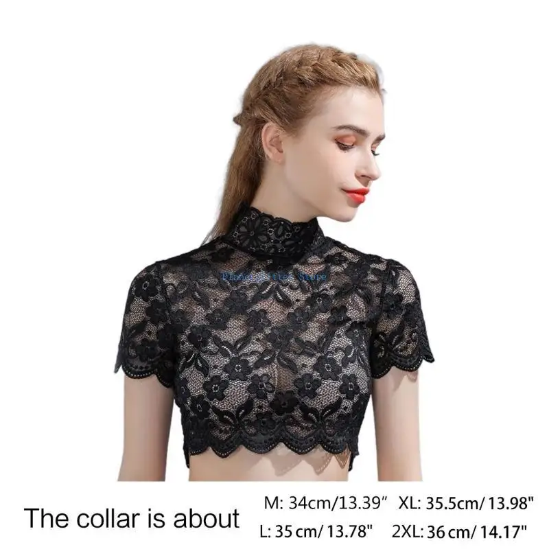 652B المرأة الياقة المدورة انفصال طوق أنيقة الأزهار الدانتيل قصيرة الأكمام نصف بلوزة قميص البلوز بطانة ديكي المحاصيل الأعلى