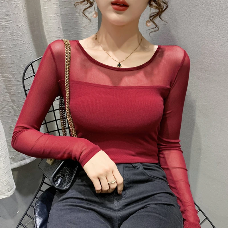 Camiseta de cuello redondo para mujer, camisa Sexy de parte inferior de malla, Tops informales ajustados de manga larga de Color sólido, Otoño e