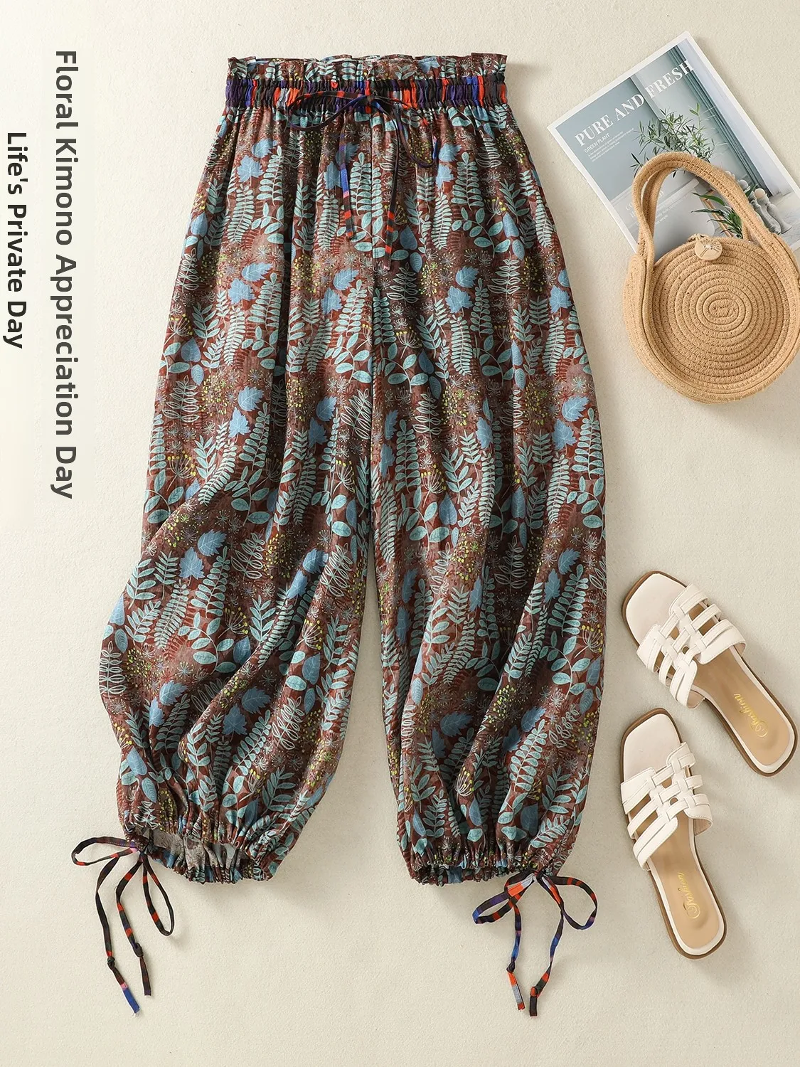 

High Waist Wide Leg Elastic Waist 9 Pants Women's Artistic Travel Holiday Beach Pants Flax Loose Fit Comfortable Spring Summer