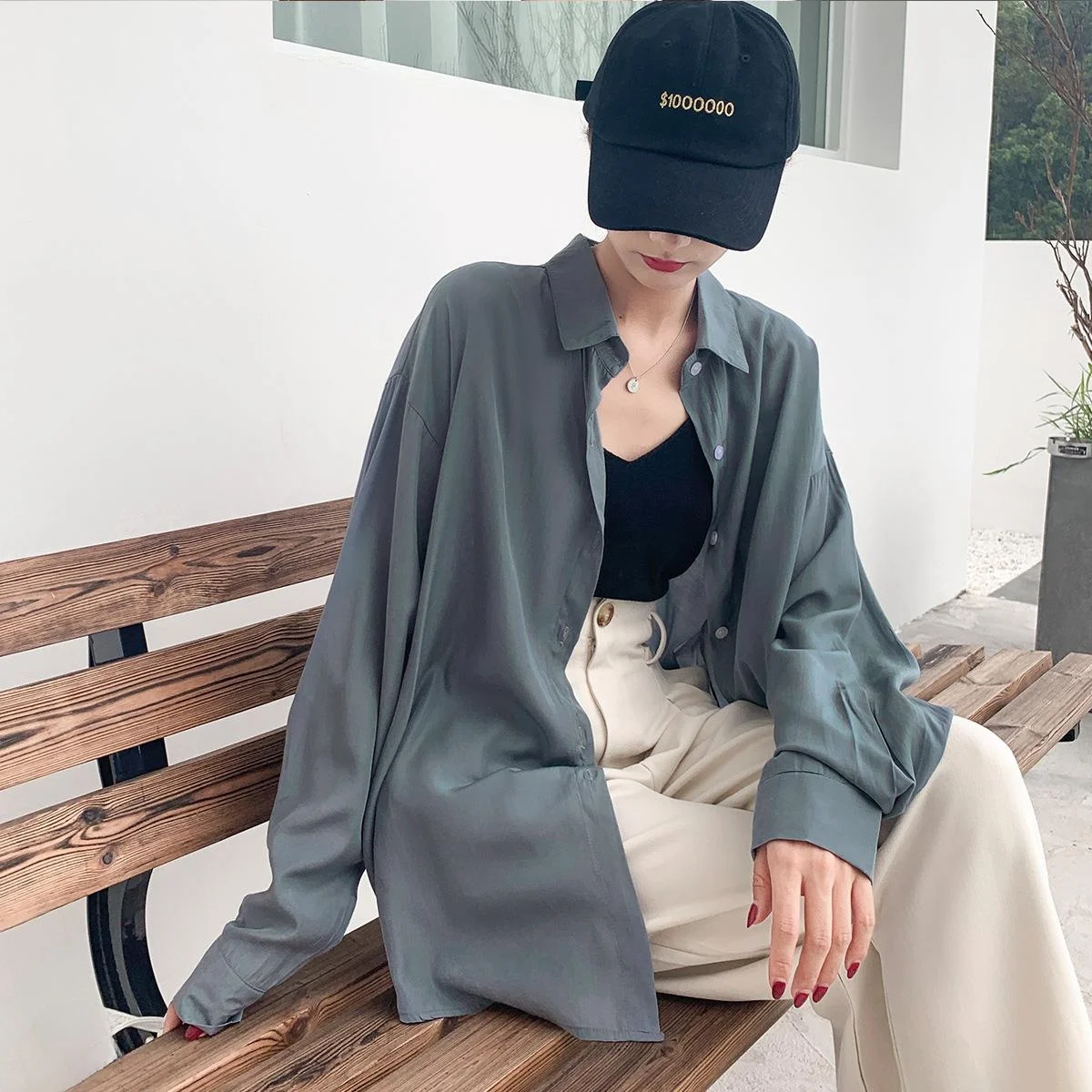 Csa de Proteção Solar Fena de Manga Longa Cardigan Solta em Tecido de Poliéster Espura Regular Cor Pura Fibra de Po...