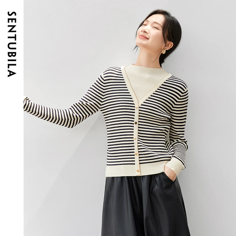 SENTUBILA Spliced Striped 2 w 1 Cardigan for Women 2024 Autumn Casual Loose Stand Neck Long Sleeve Odzież damska W43E56737