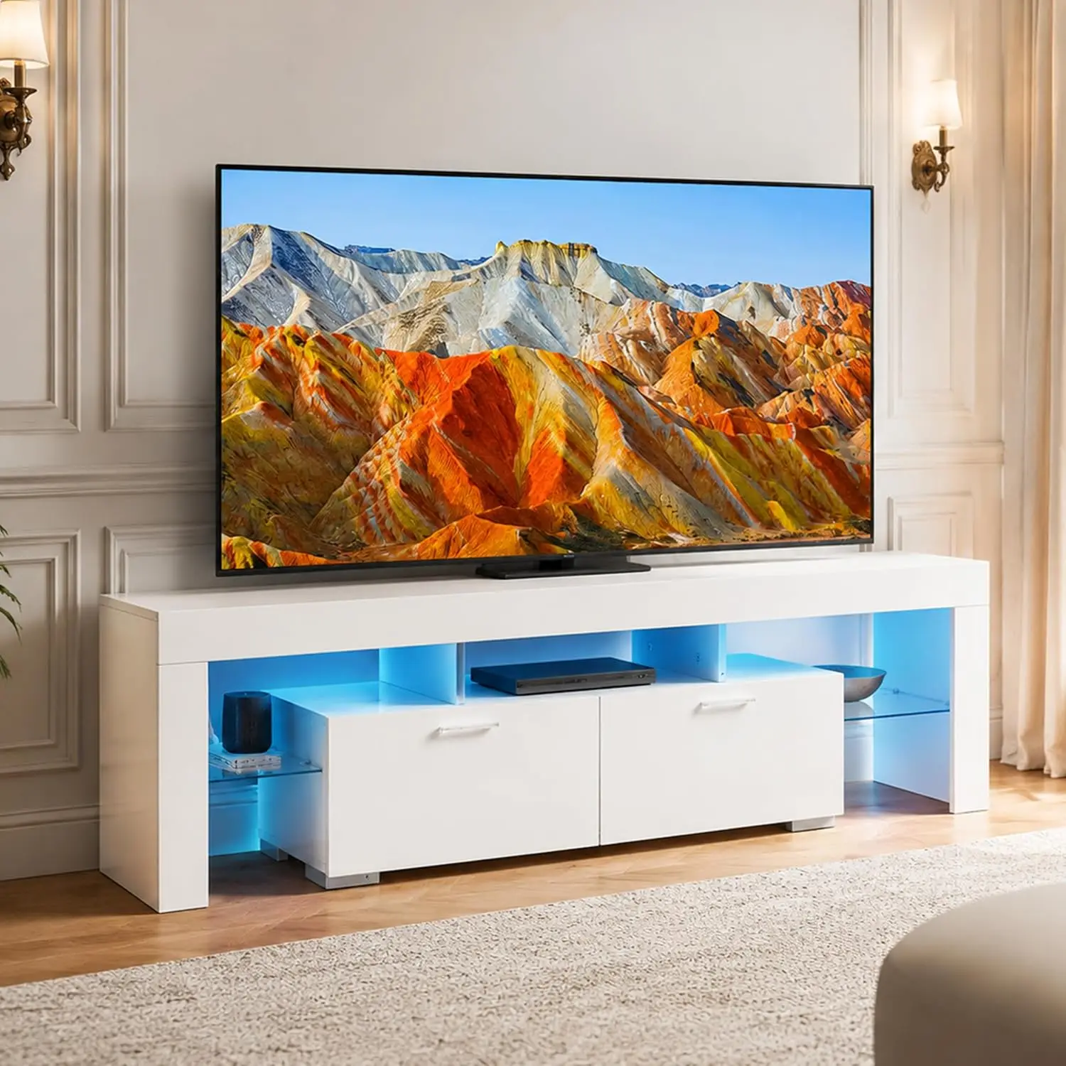 LED TV Stand 65/70/75 Inch Entertainment Center Storage Drawer Industrial Console Living Room Bedroom White, Customized