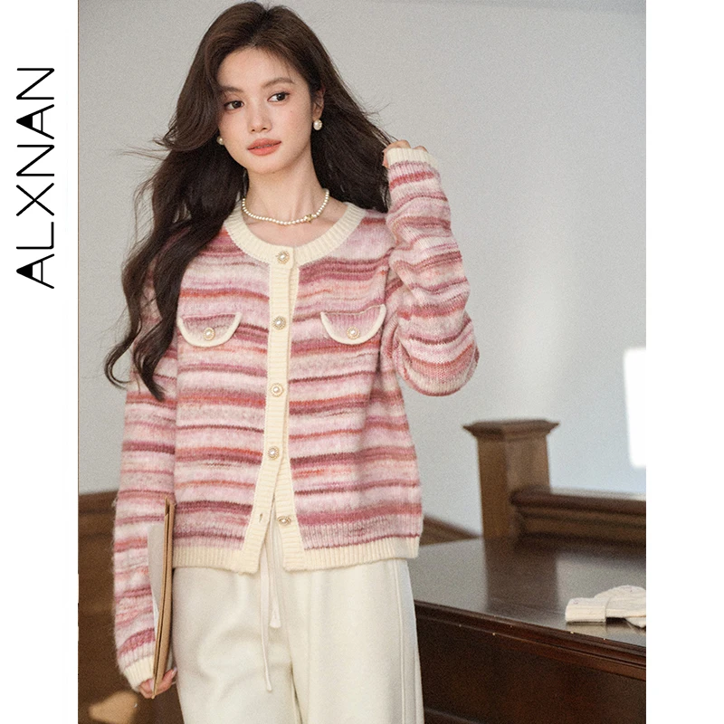 

ALXNAN Women's Sweater Striped Round-neck Regular Shoulder Knitted Cardigans Autumn Soft Casual Elegance Long-Sleeve Tops L57955
