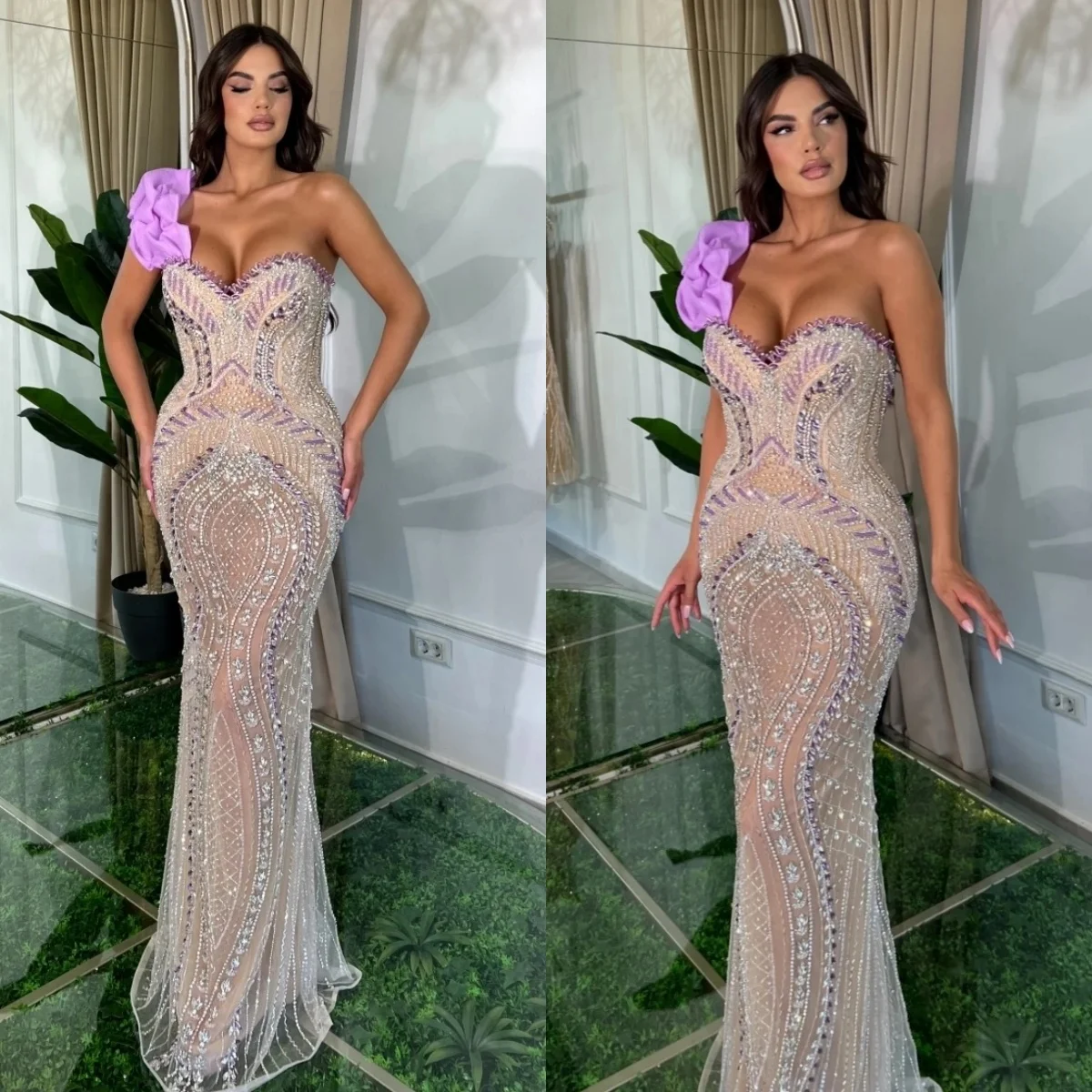 

Fashion Evening Dresses Crystal One Shoulder Prom Dress Beading Illusion Sleeveless Mermaid Party Gowns Vestidos De Noche