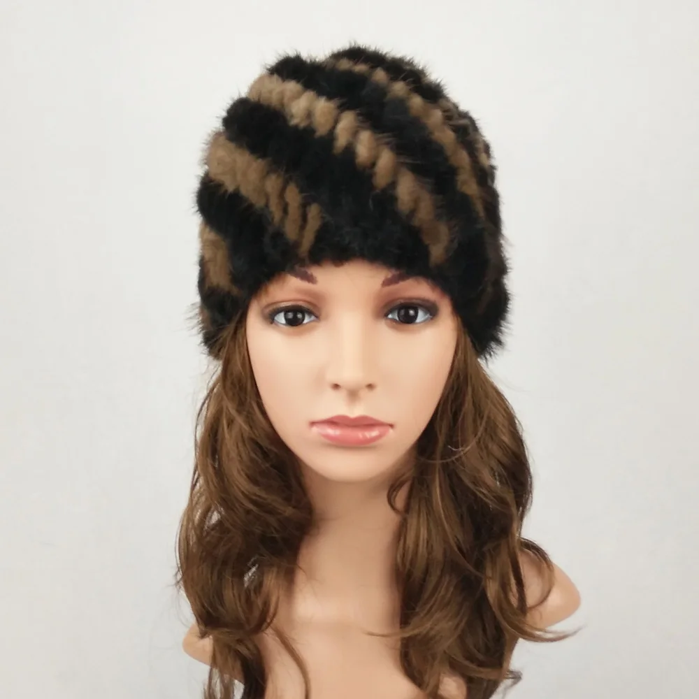 2022 Fashion Real Mink Fur Winter Women Hats Lady Striped Russian Pineapple Mink Fur Beanies Cap Bonnet Fille BZ6001