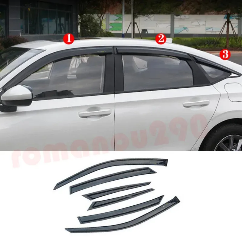 

6X For Honda Civic Sedan 2022-2023 Black Window Visor Vent Shades Sun Rain Guard