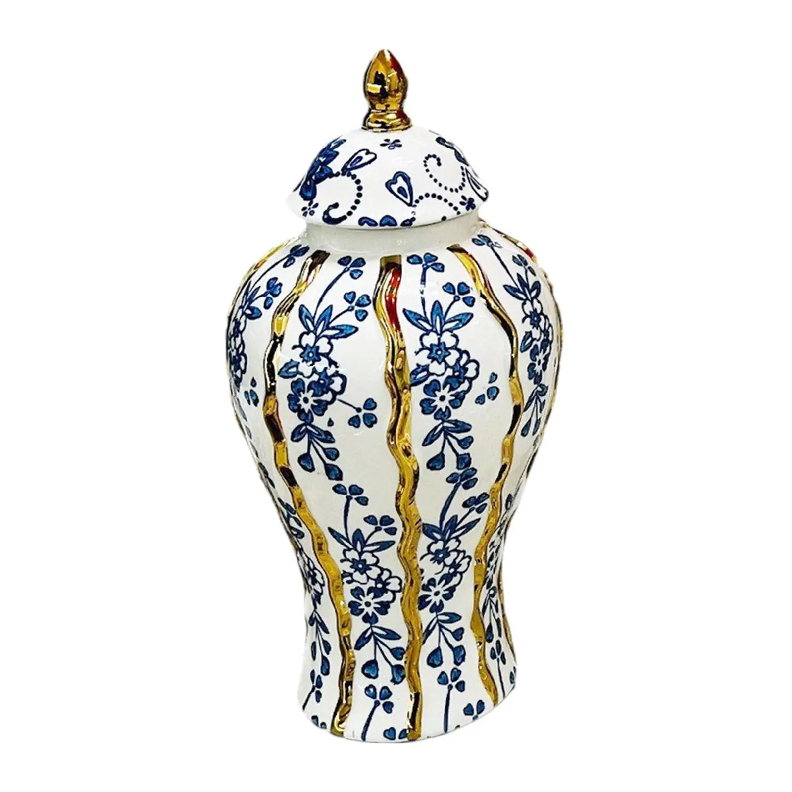 Decorative Ceramic Ginger Jar with Lid White Blue Temple Vase for Flowers Dried Branches Pantry Storage