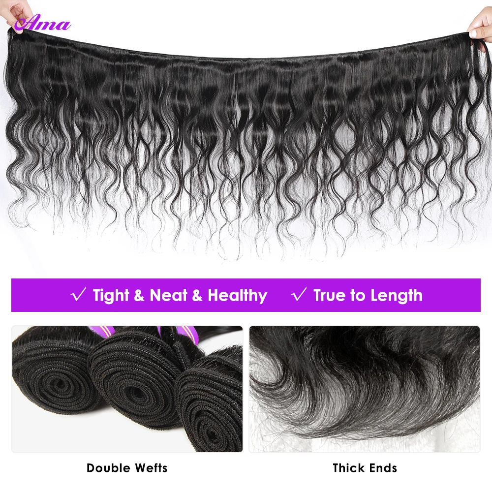 28 30Inch Body Wave Human Hair Bundles with  Frontal Peruvian Hair Bundles with Frontal  Remy 100% Human Hair Extension