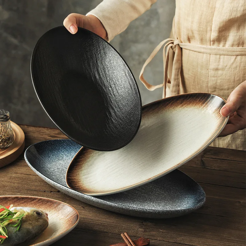 Large Size Ceramic Fish Plate Japanese Style Oval Shape Dining Utensils Steamed Fish Plate Creative Home Use Dishware