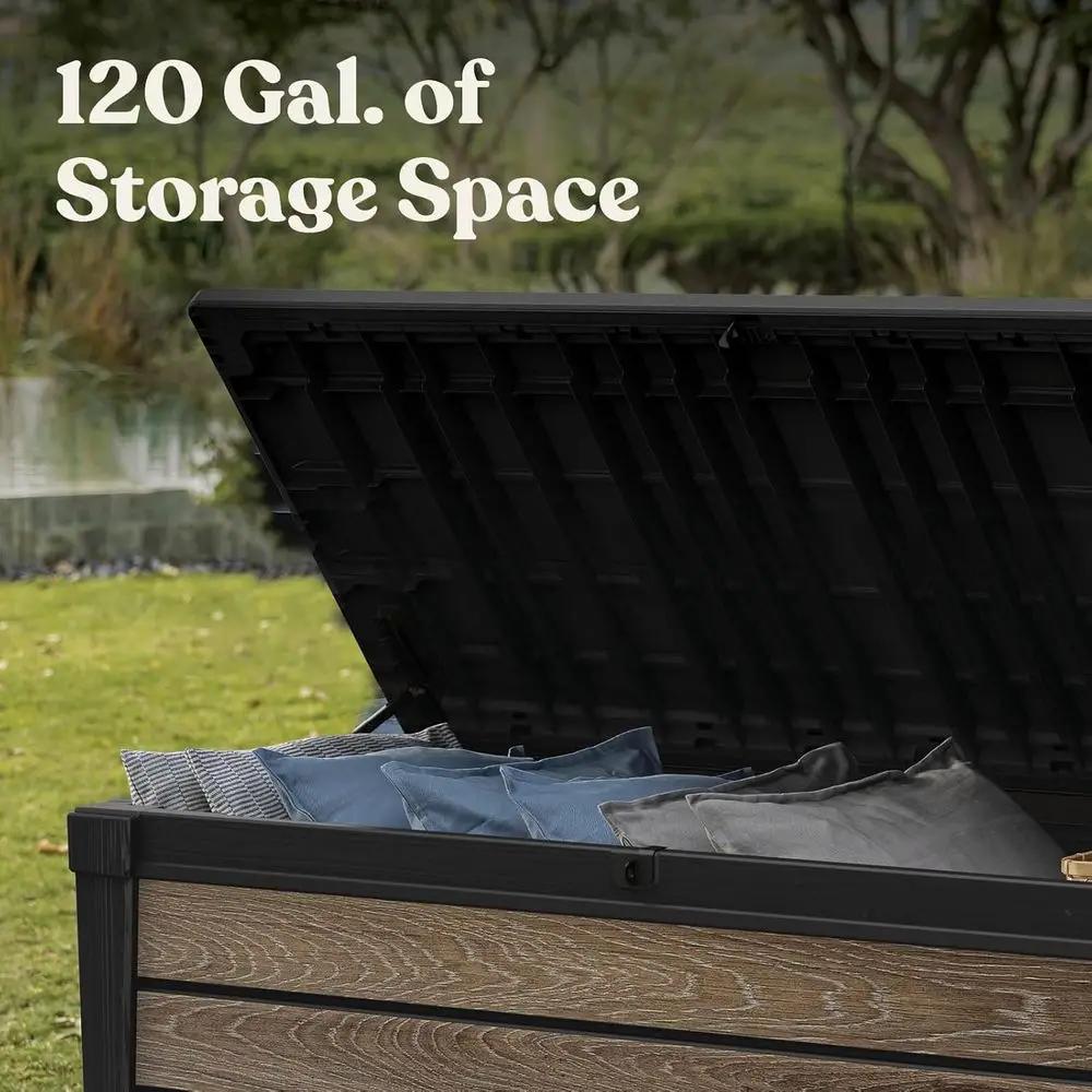Kotak Penyimpanan Resin 120 Galon untuk Bantal Luar Ruangan, Alat Berkebun, dan Aksesori Kolam Renang dalam Warna Walnut.