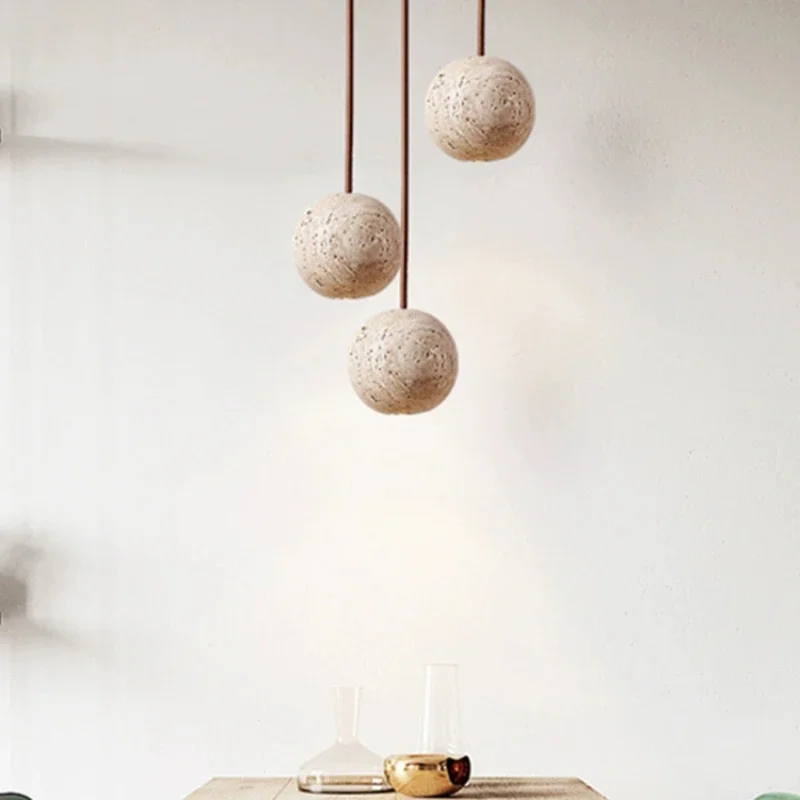 Small Round Stone Pendant Lamp, Nordic Bedside Chandelier, Creative Hanging Line, Iluminação LED para quarto