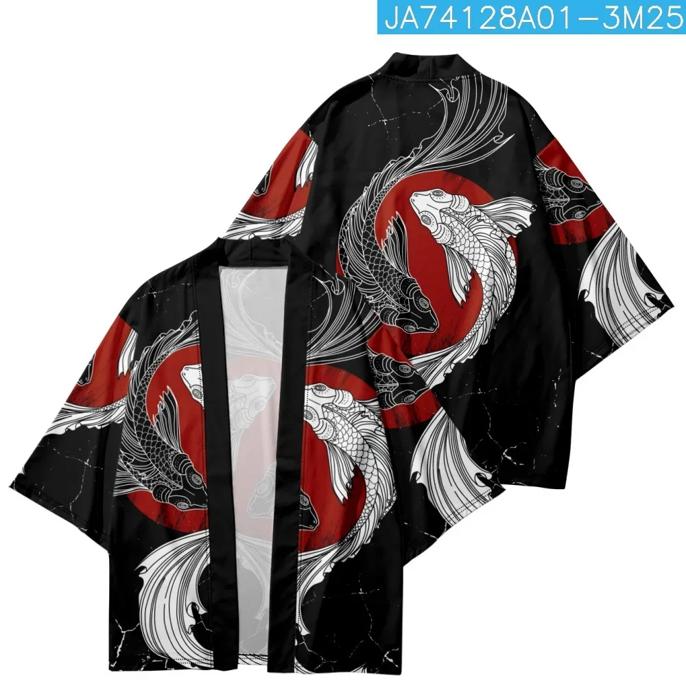 

Fashionable summer beach men's and women's clothing featuring kimono shirts printed with Japanese carp patterns