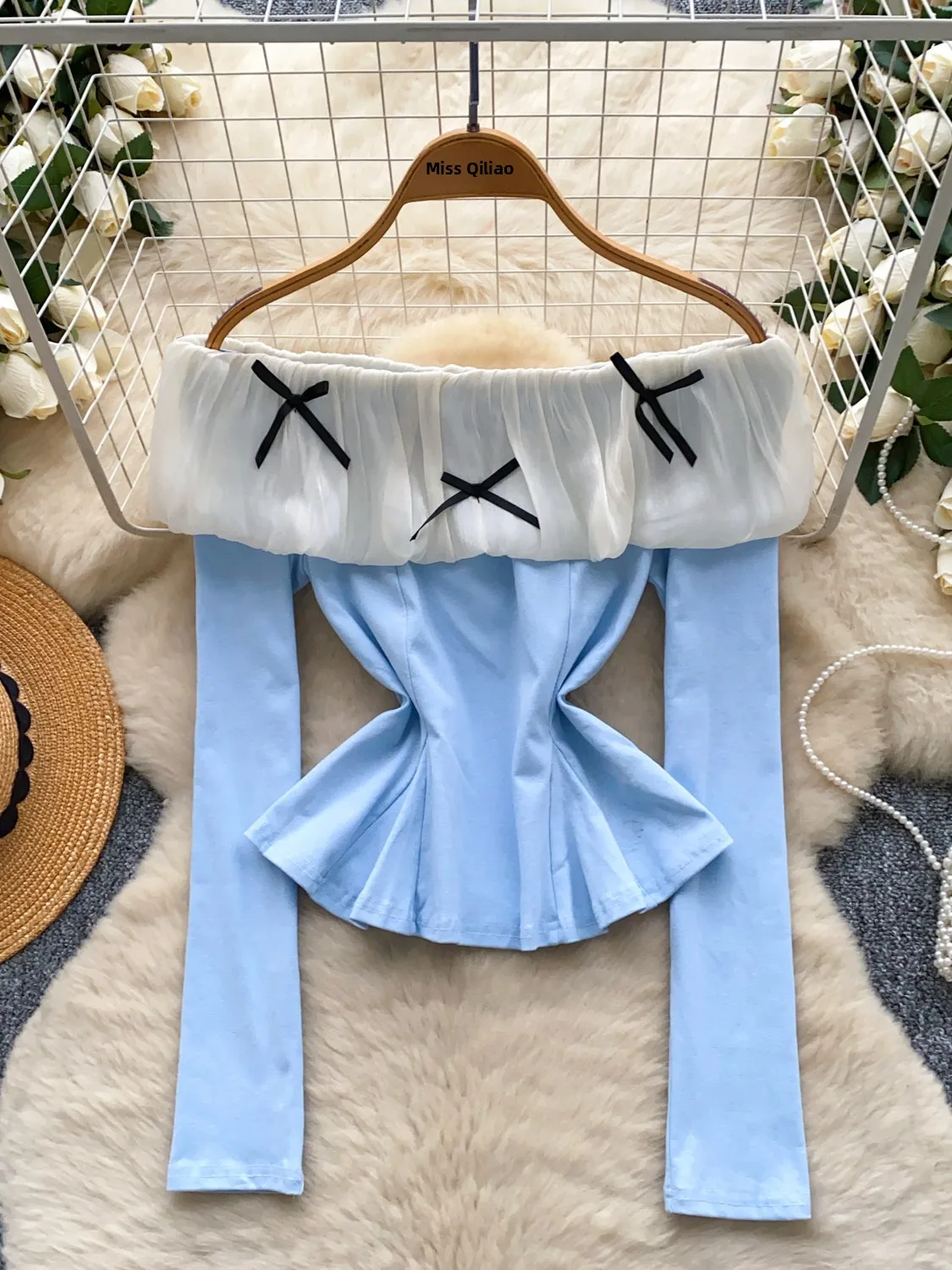 oulder Bows Color Blo Long Sve T-Shirt Damen Slim Fit Pure Desire Top Korean Sle Commute Faion Atmungsaktive Haut-F...