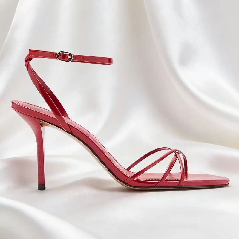 Elegant Red Ankle Strap High-heeled Sandals Women Narrow Straps Hollow High Heels Ladies Luxury Weddings Bridal Designer Pumps image 4