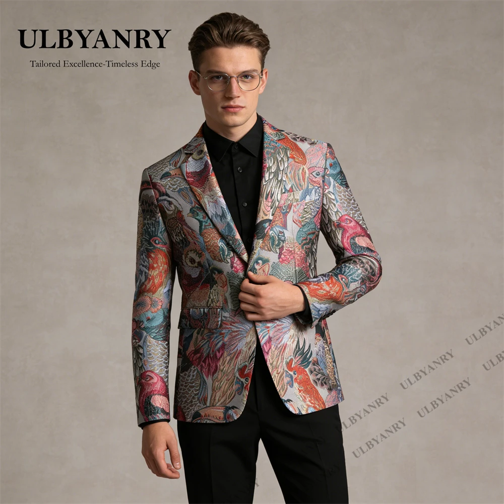 

Men’s Colorful Bird Print One-Button Slim Fit Casual Blazer for Party Art Exhibition Suit Jacket for Date Gala Performance