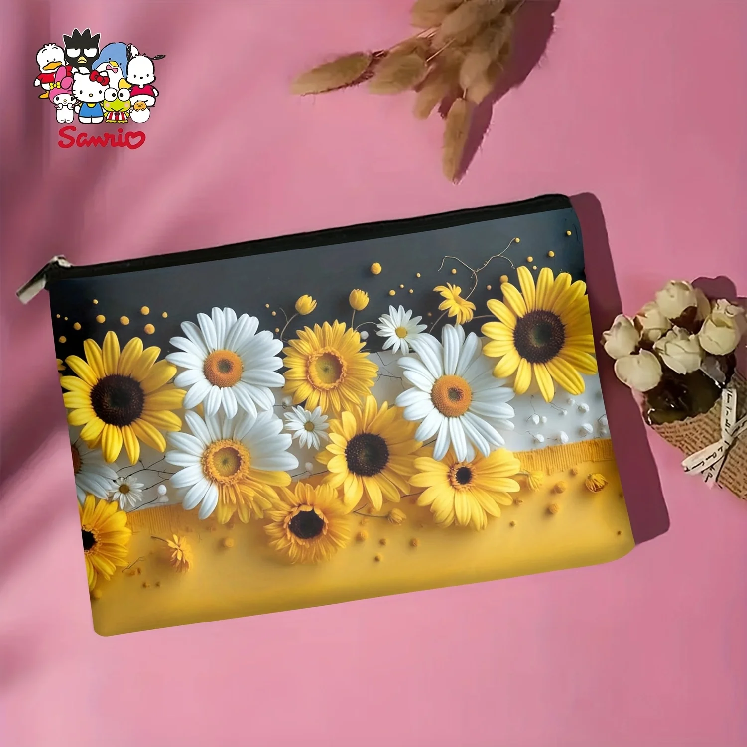 Un sac de maquillage classique à motifs frais de marguerite jaune et blanche – jolie pochette multifonctionnelle à fermeture éclair pour femmes, sac de rangement de bijoux,
