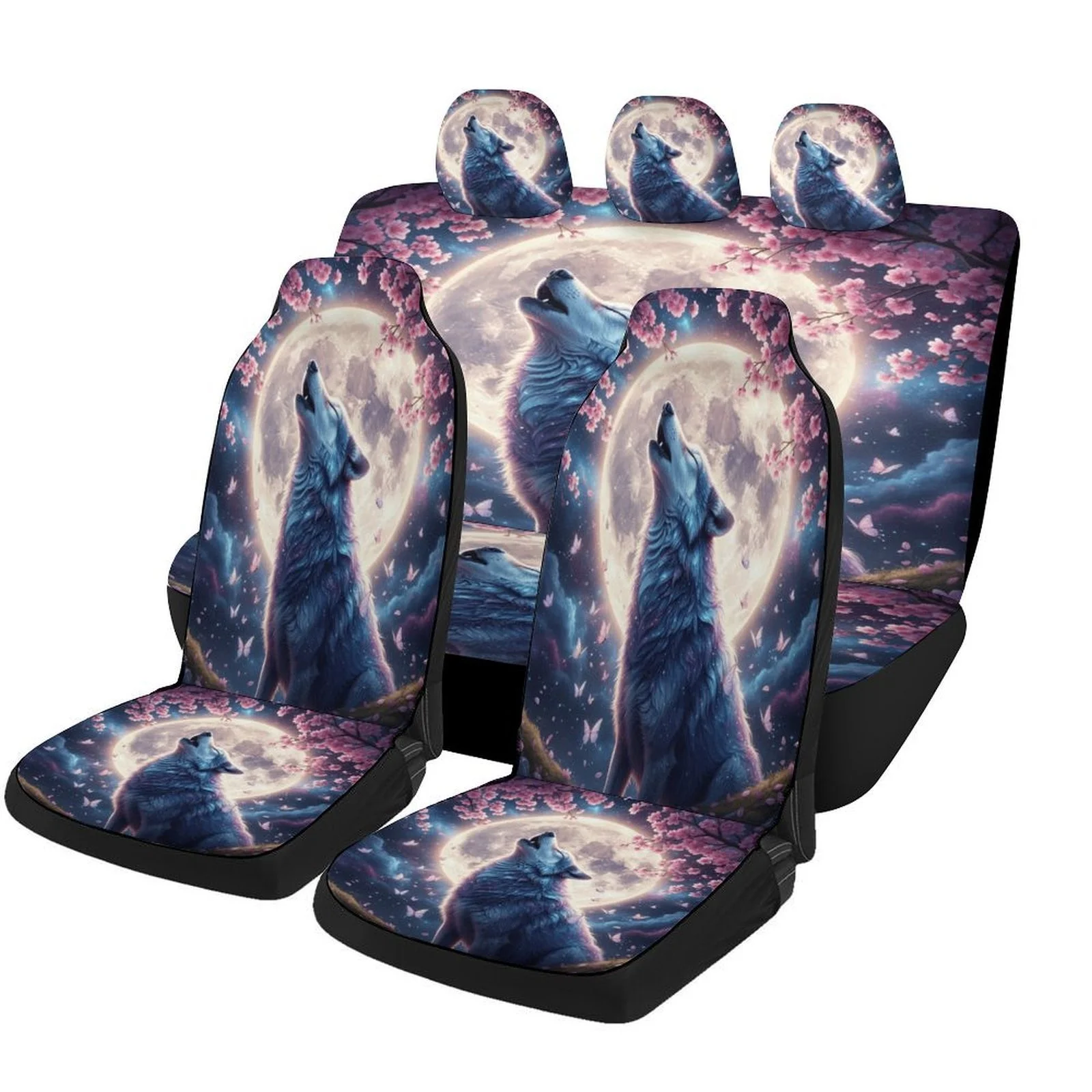 Moonlit Howl Themed Car Seat Cover Set - Full Set For 2 Front & Rear Seats, Trendy High-Quality Protective Covers With Wolf & Mo