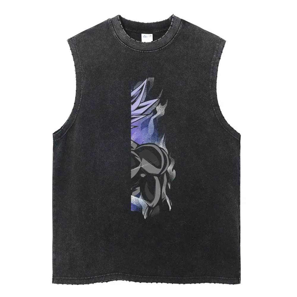 تيشيرتات رجالية قطنية عتيقة بلا أكمام ، توبات غير رسمية أنيمي مغسولة ، موضة hardigha ، توب كبير الحجم ، تيشيرتات ، ملابس شارع