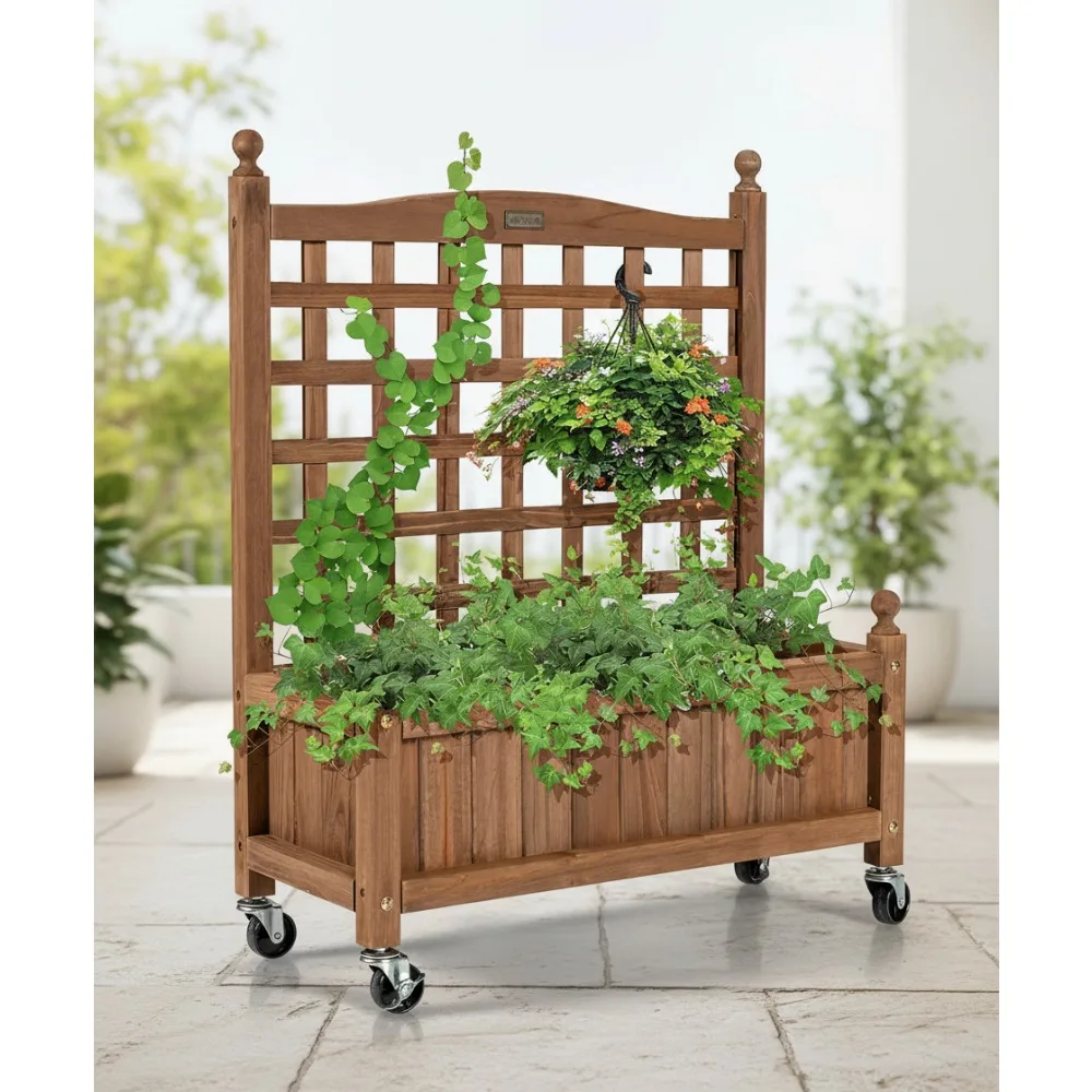 

Mobile Raised Garden Bed with Trellis & Wheels, Deep Planting Box for Climbing Plants, Balcony Patio Vertical Decor